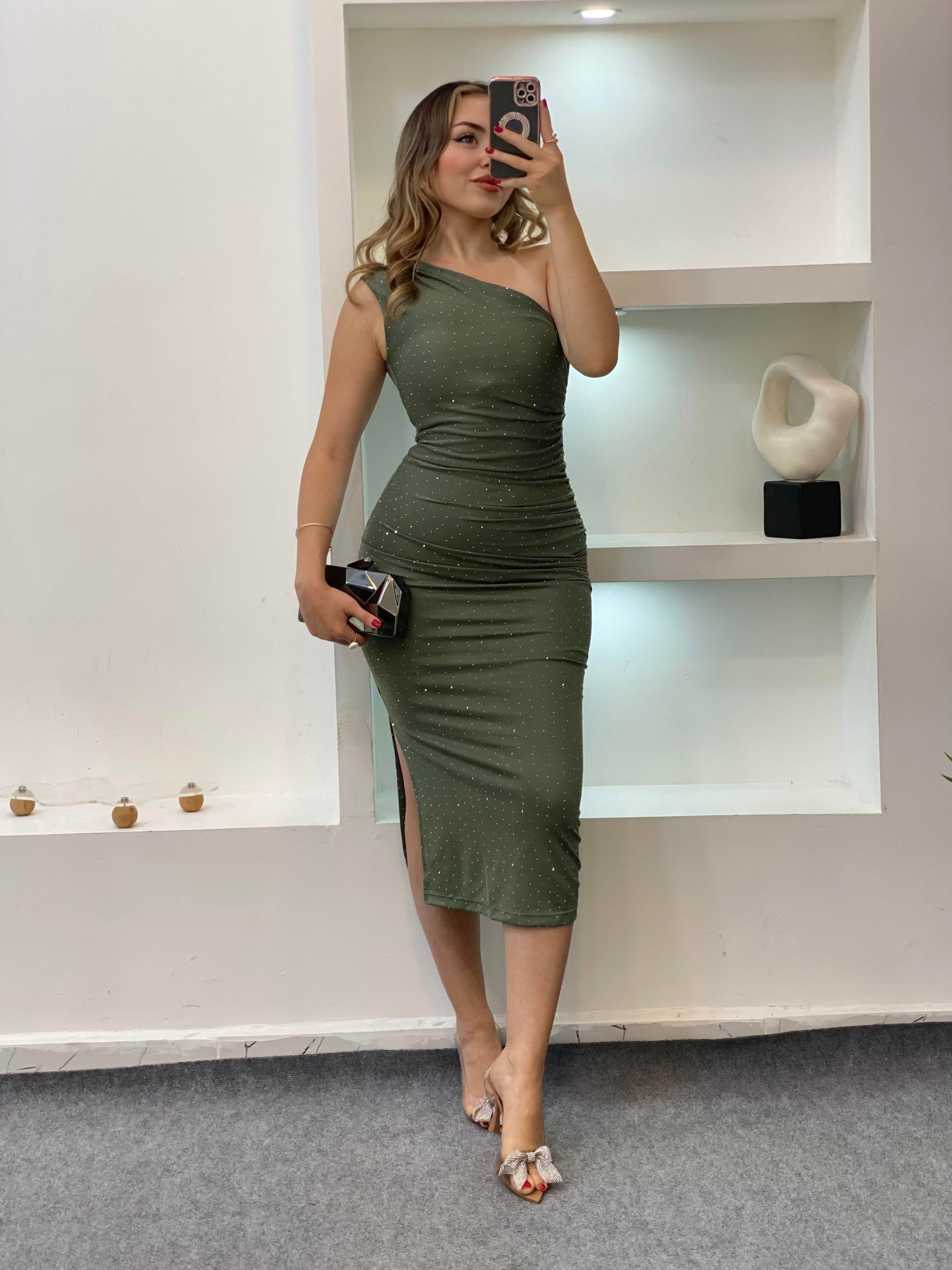 Yeşil Parıltılı Taşlı Elbise
