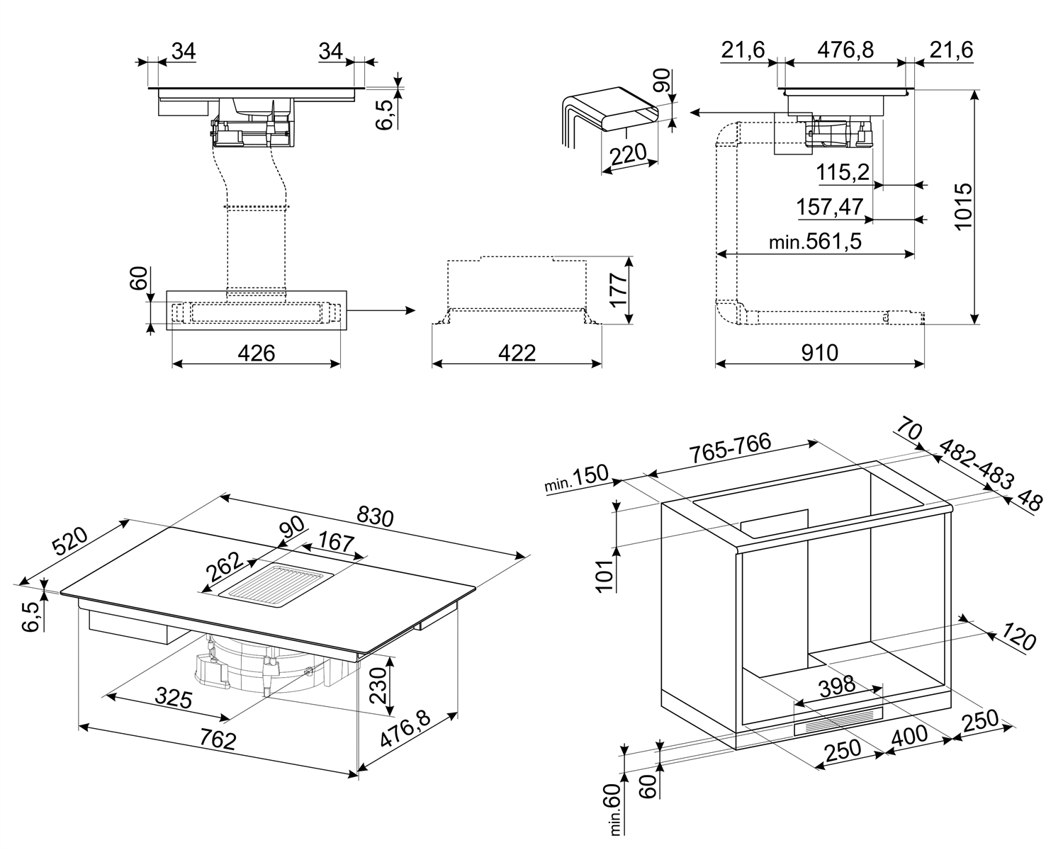 SMEG HOBD682R1 DOLCE STİL NOVO SİYAH CAM SERAMİK BAKIR ESTETİK ANKASTRE DAVLUMBAZ ENTEGRELİ İNDÜKSİYONLU OCAK