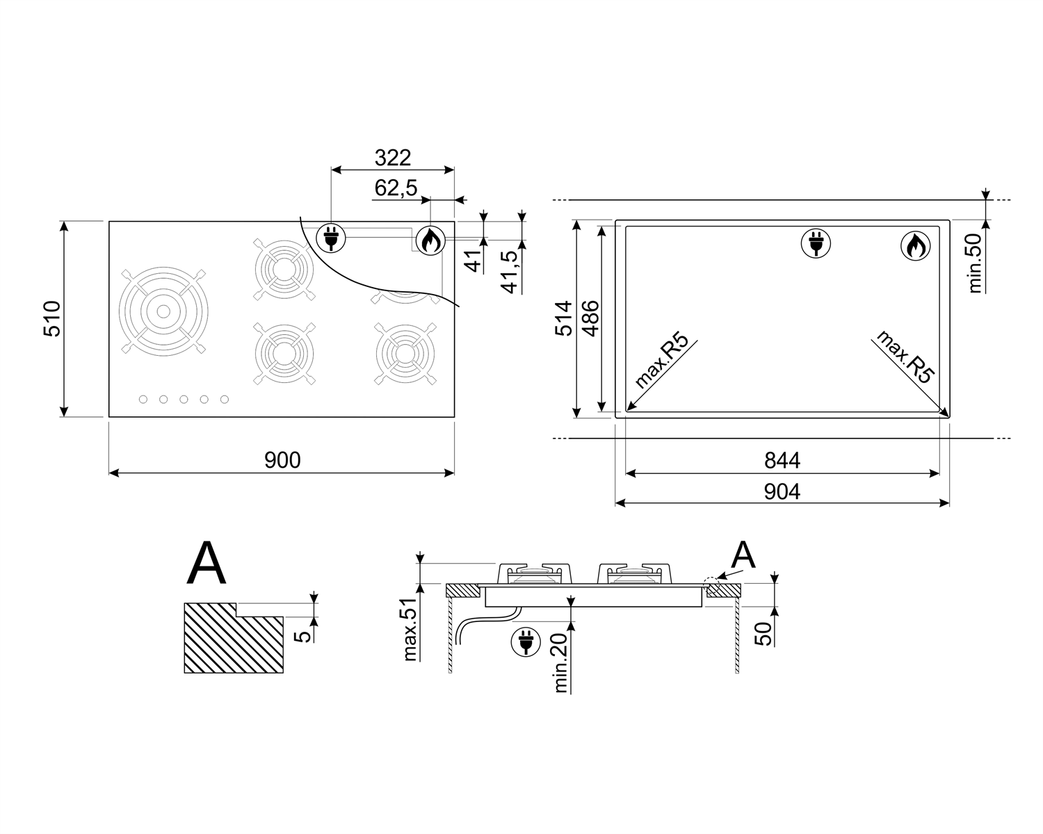 SMEG PV395LN KLASİK SİYAH CAM  GAZLI OCAK