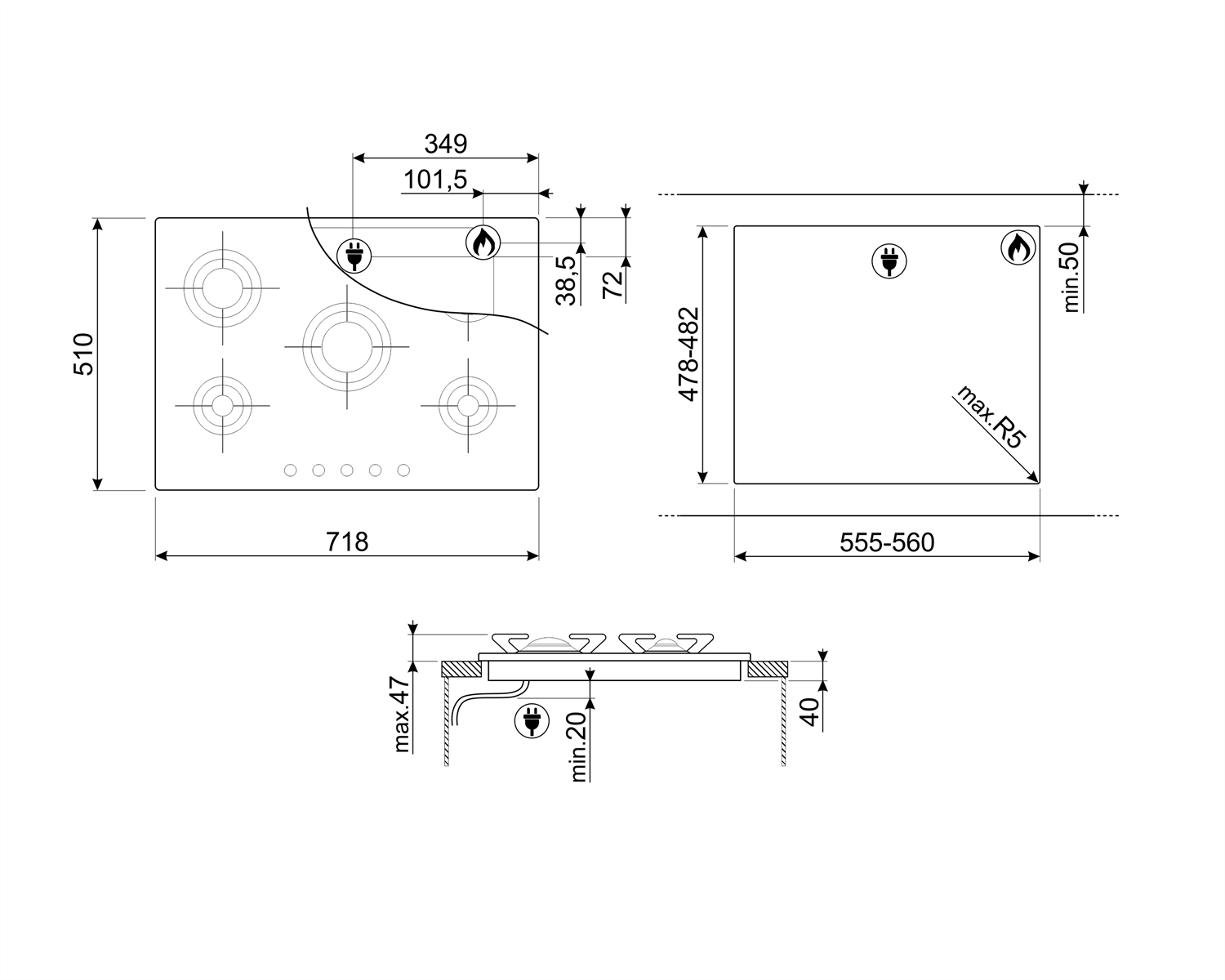 SMEG PV705ES PİANO DESİGN ÇELİK GAZLI OCAK