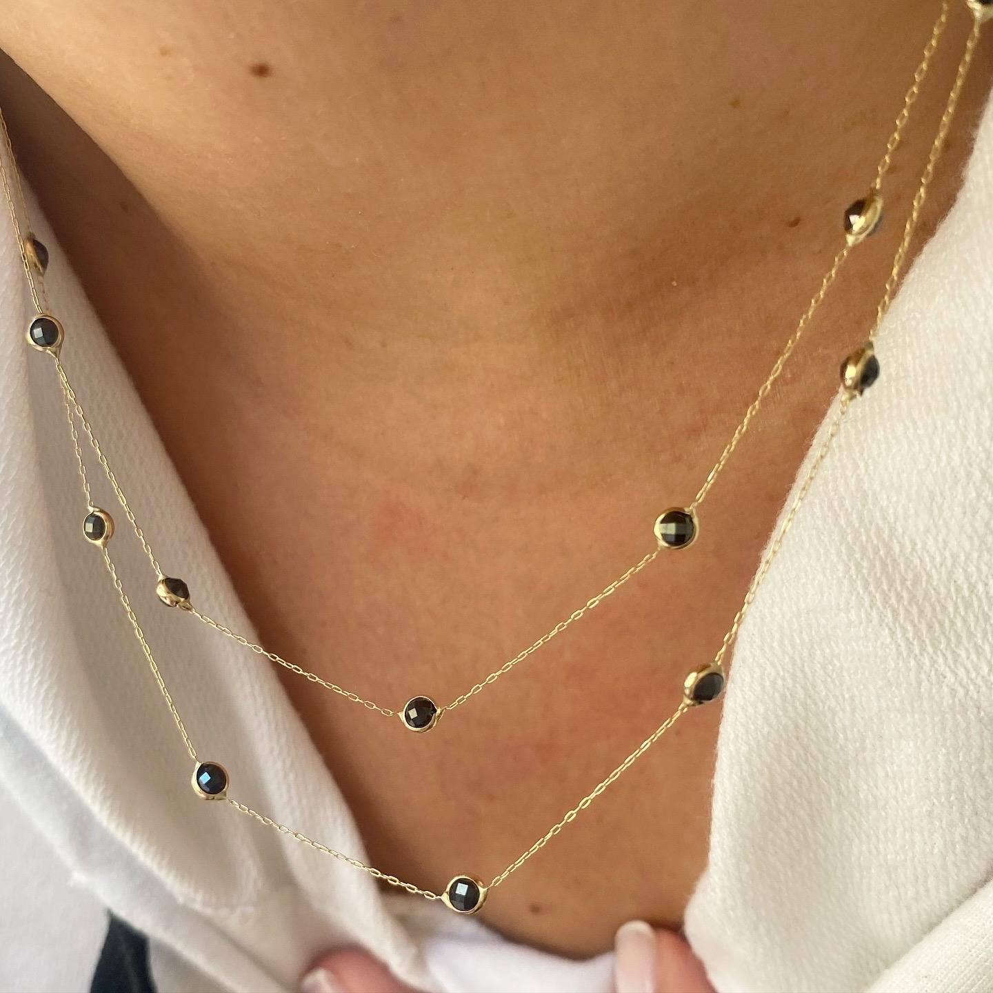 14k Altın 2 Sıra Siyah Taşlı Zincir Kolye