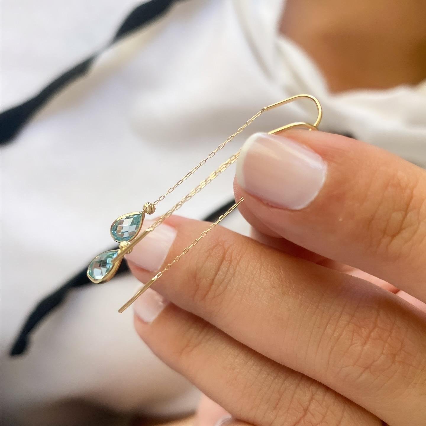 14k Altın Açık Mavi Damla Taşlı Zincir Küpe