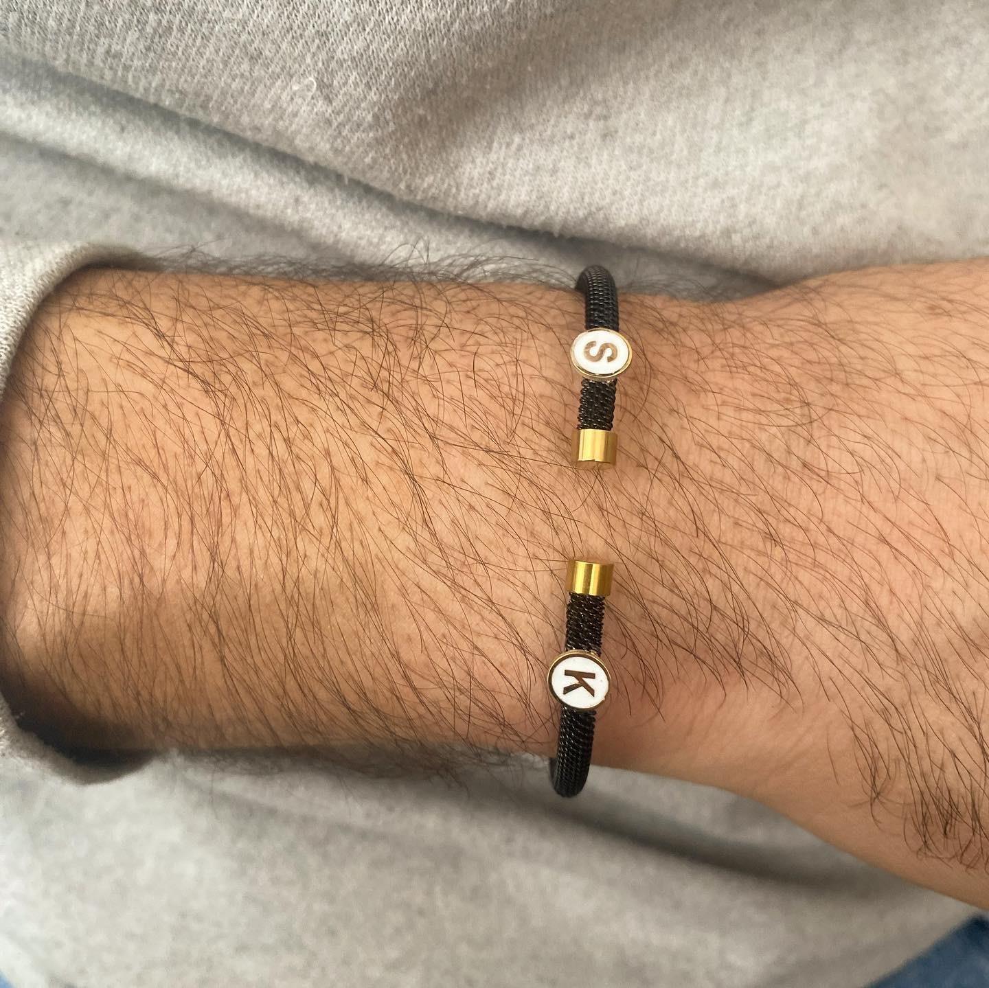 14k Altın Beyaz Mineli Harfli Siyah Çelik Bileklik