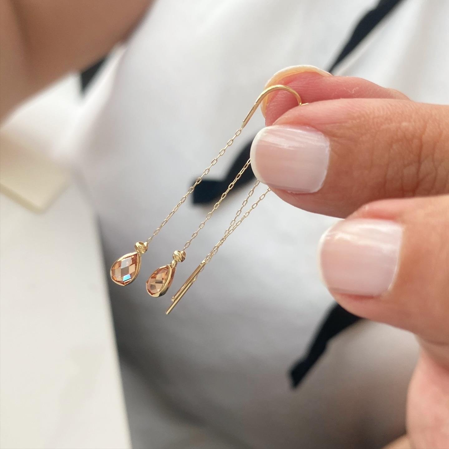 14k Altın Damla Taşlı Zincir Küpe