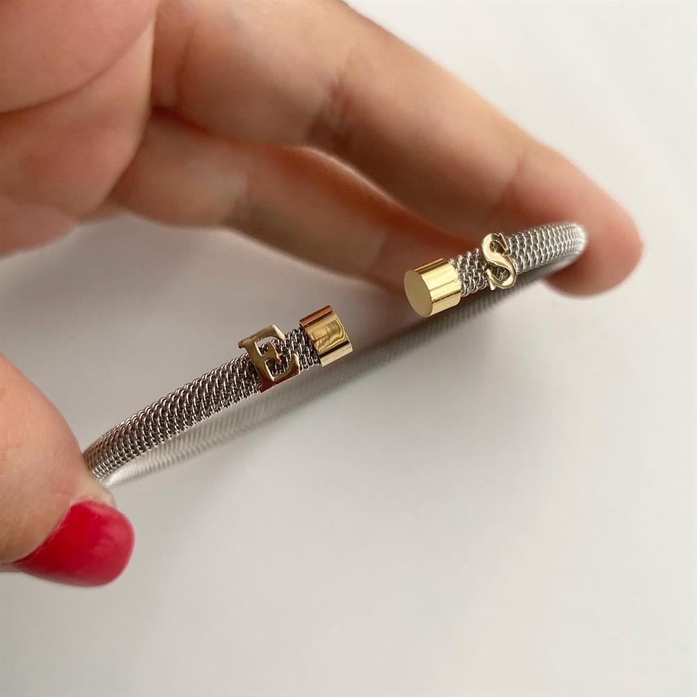 14K Altın Harf Detaylı Çelik Bileklik