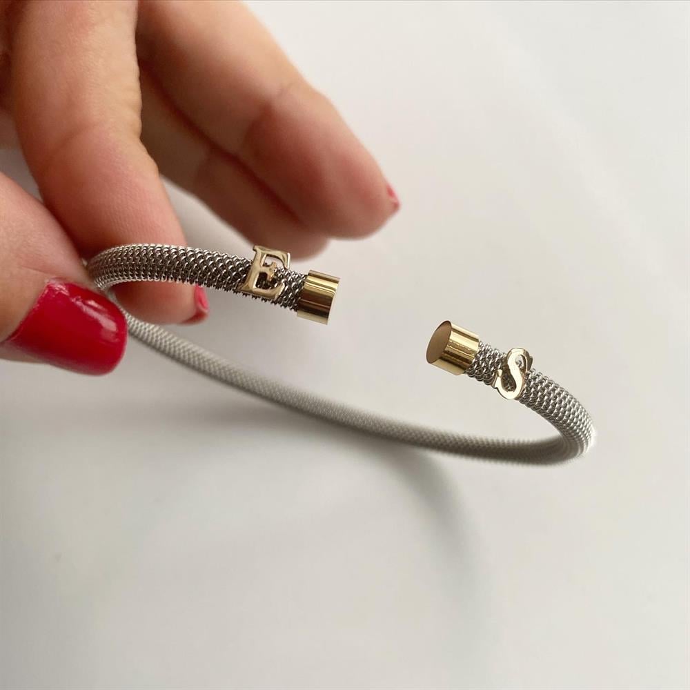 14K Altın Harf Detaylı Çelik Bileklik