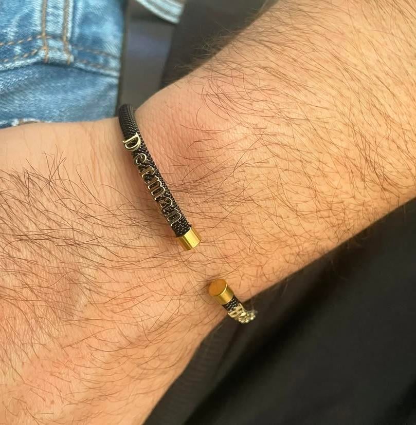 14K Altın İsimli Siyah Çelik Bileklik