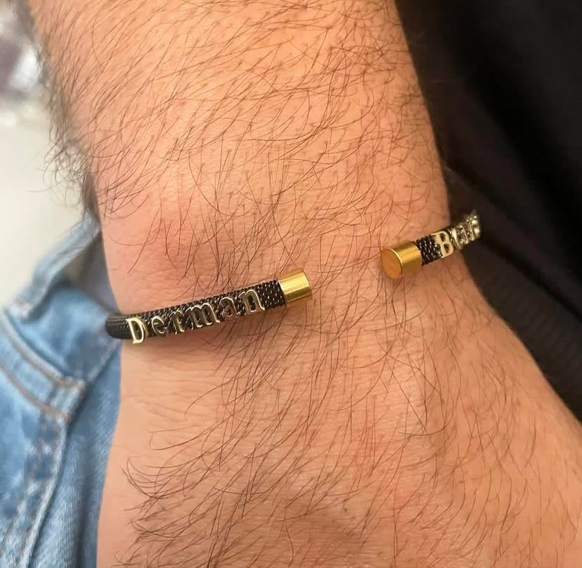 14K Altın İsimli Siyah Çelik Bileklik