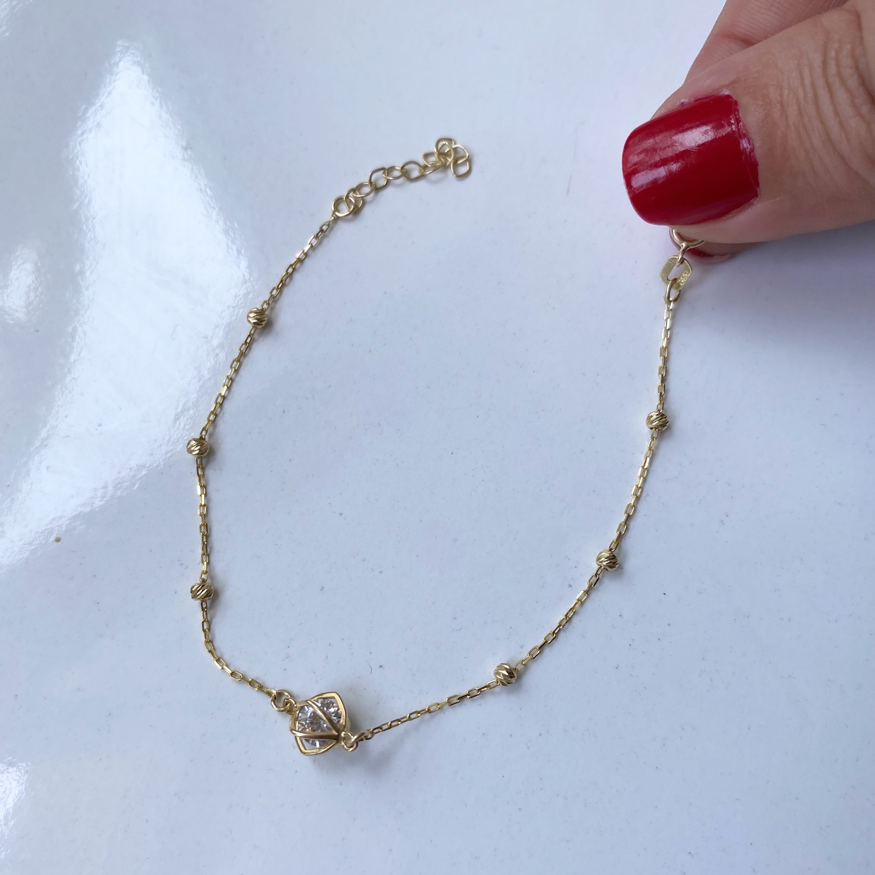 14k Altın Kafesli Tektaş Zincir Bileklik