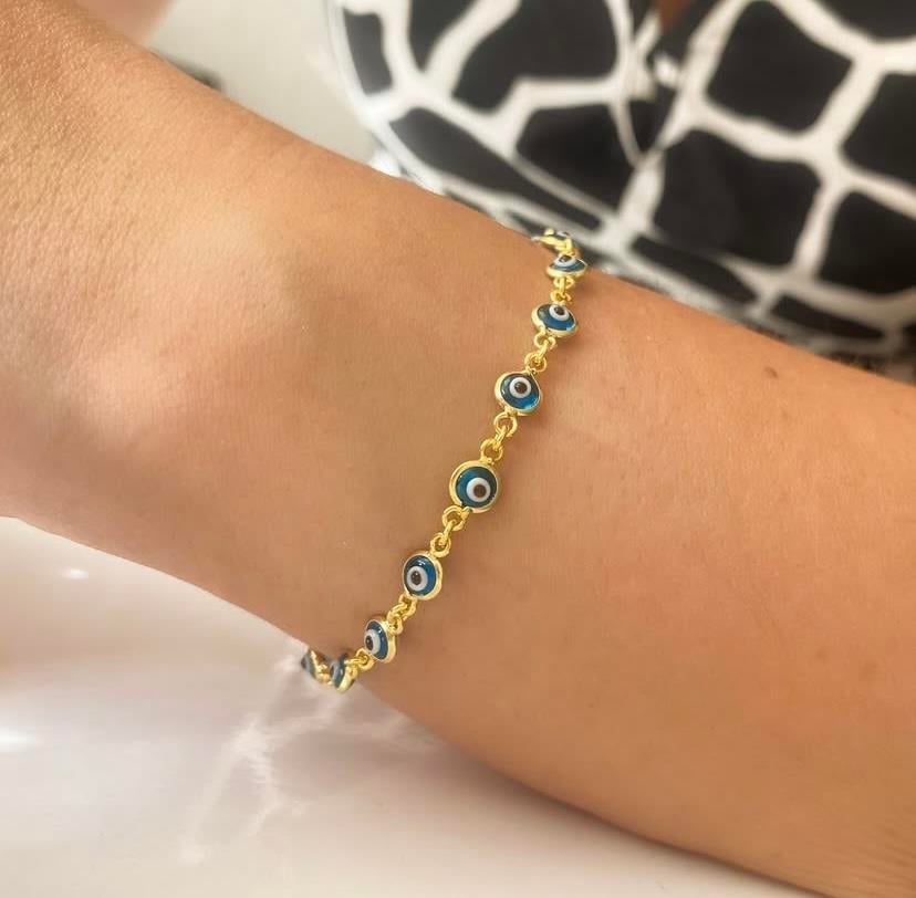 14k Altın Kaplamalı 925 Ayar Nazarlı Gümüş Bileklik