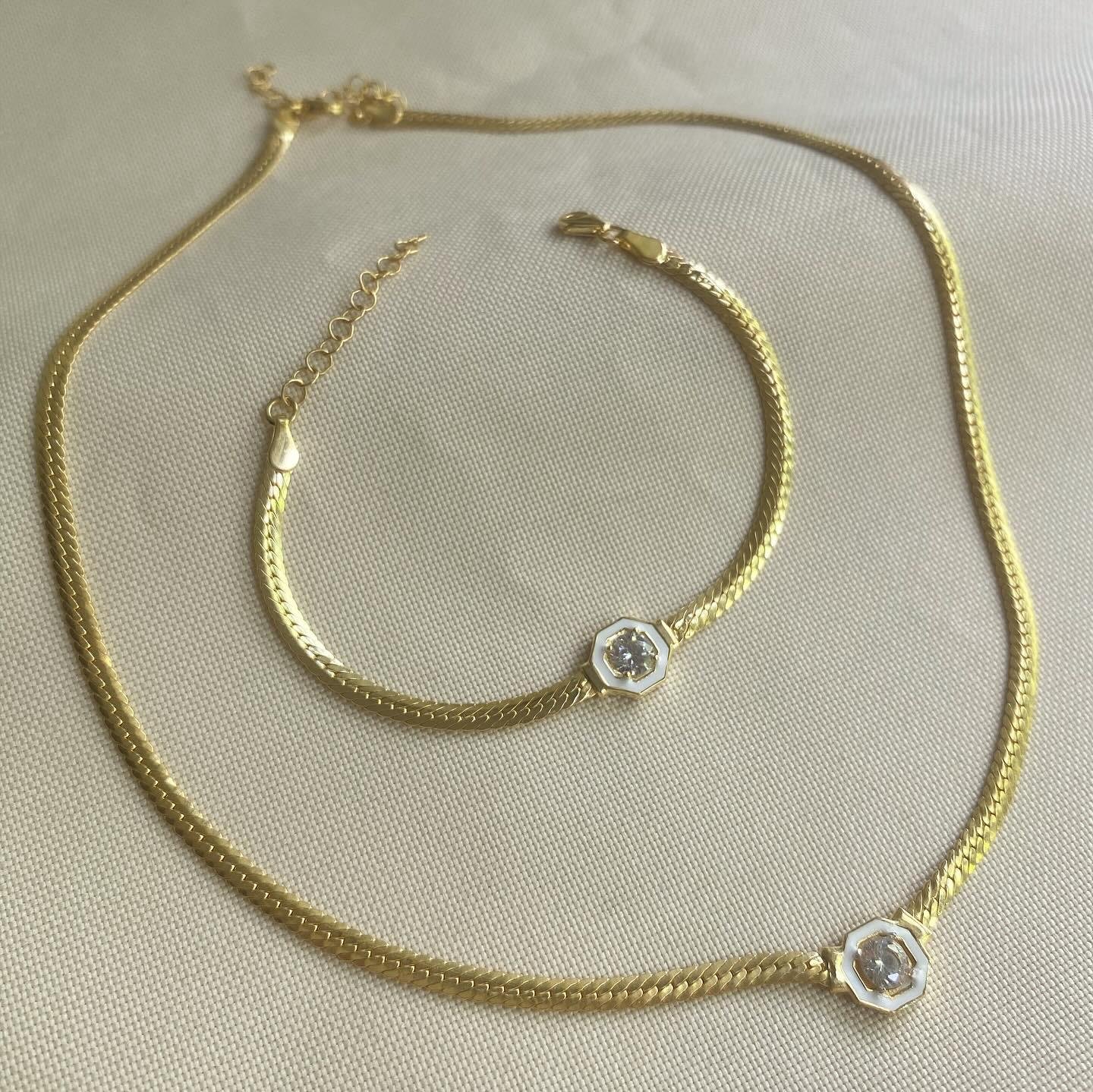 14k Altın Kaplamalı Gümüş Beyaz Mineli Taşlı Kolye Bileklik
