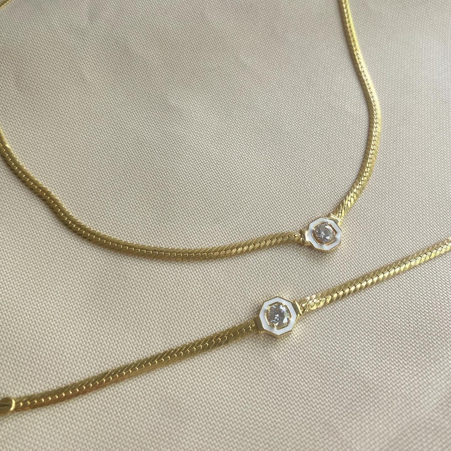 14k Altın Kaplamalı Gümüş Beyaz Mineli Taşlı Kolye Bileklik