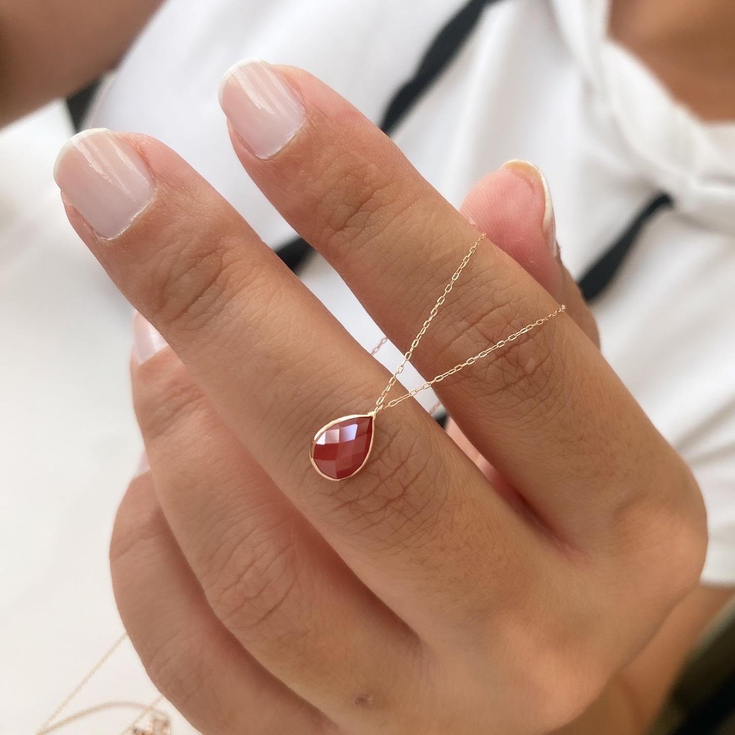 14k Altın Kırmızı Damla Taşlı Zincir Kolye