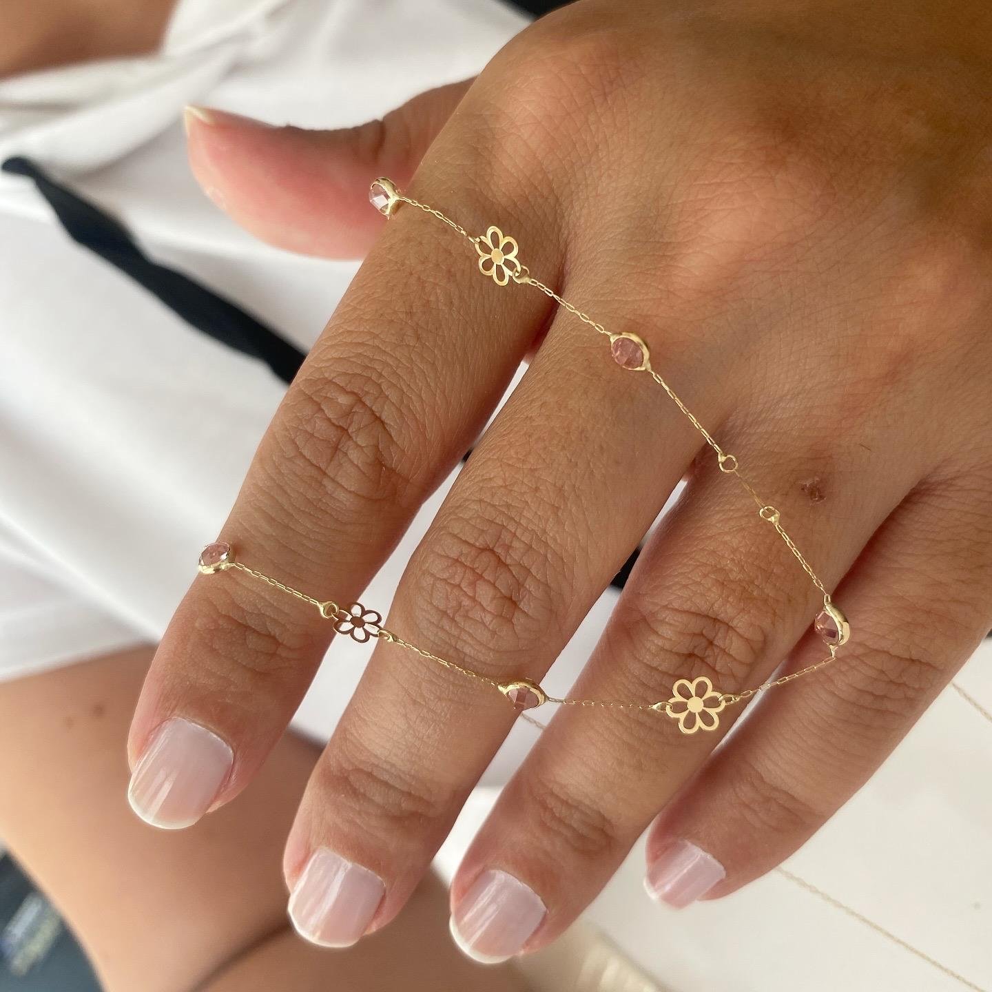14k Altın Pembe Taşlı Çiçek Motifli  Zincir Kolye