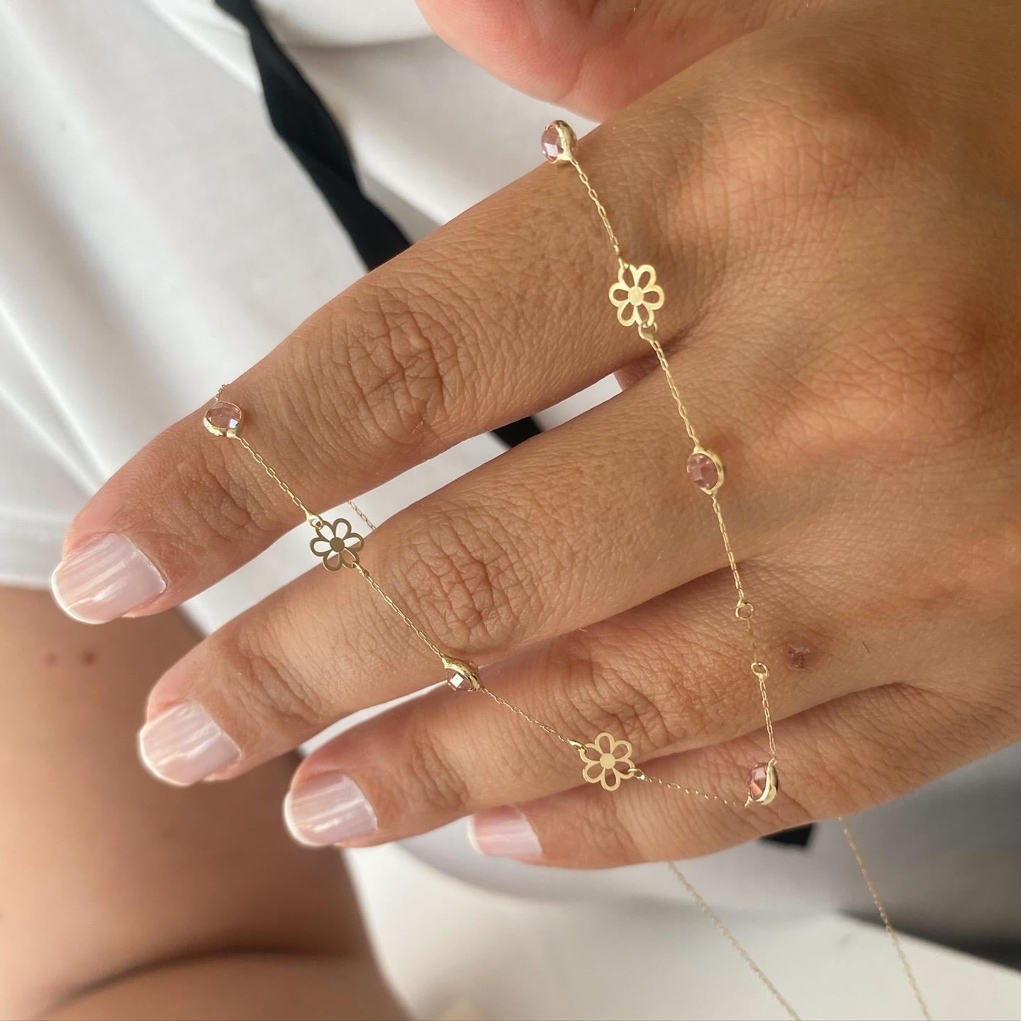 14k Altın Pembe Taşlı Çiçek Motifli  Zincir Kolye