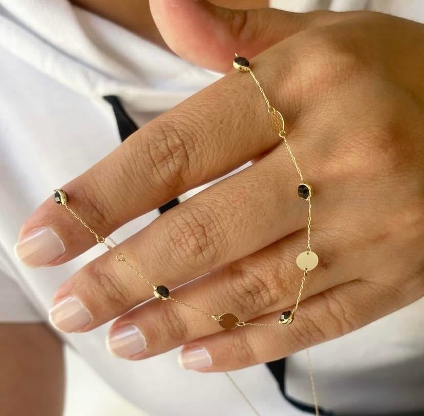 14k Altın Pullu Siyah Taşlı Zincir Kolye