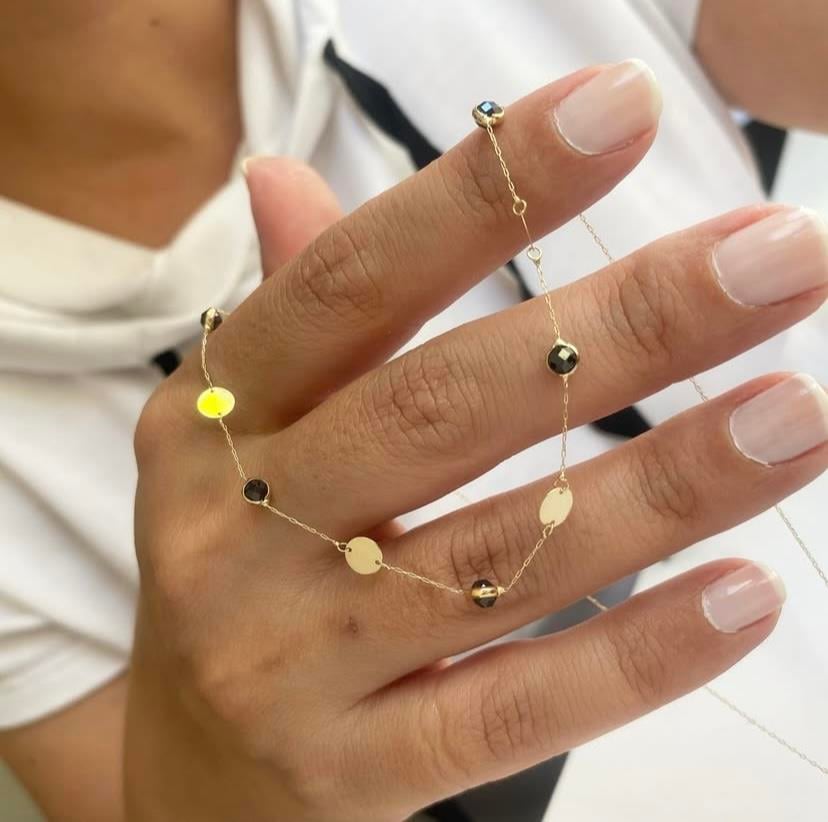 14k Altın Pullu Siyah Taşlı Zincir Kolye