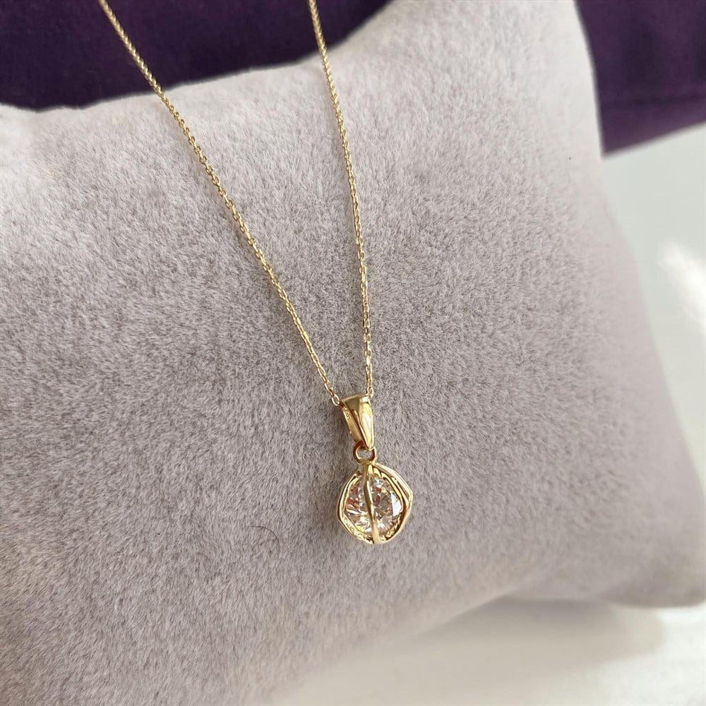 14K Altın Tektaşlı Kafes Kolye