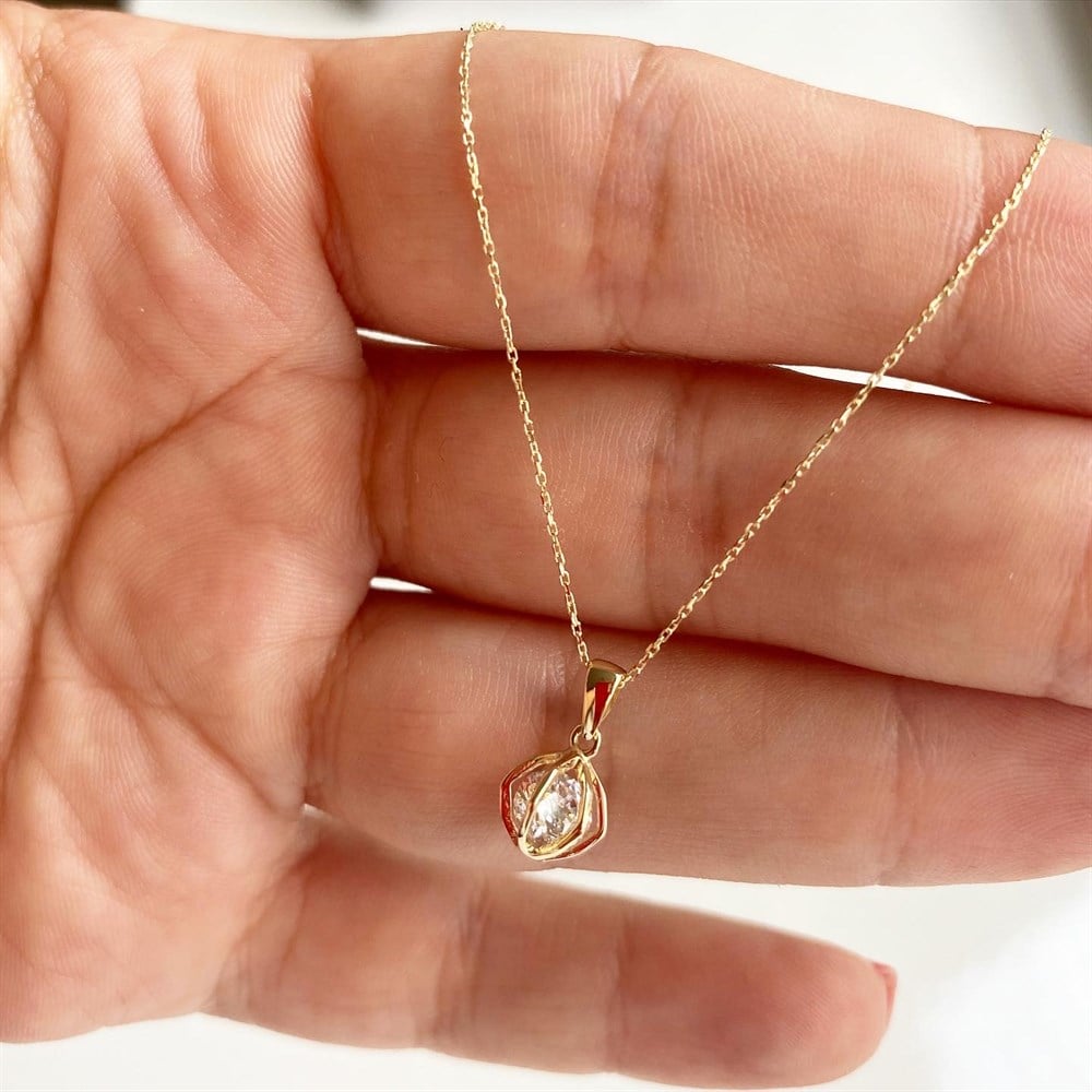 14K Altın Tektaşlı Kafes Kolye
