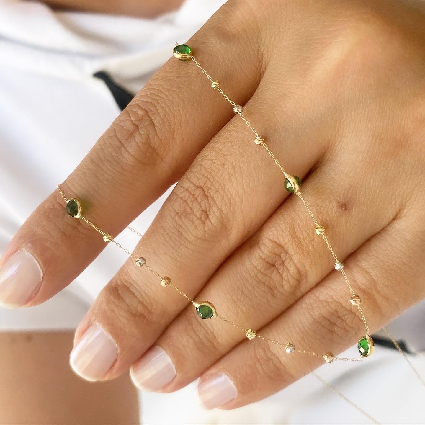 14K Altın Yeşil Taşlı Zincir Kolye