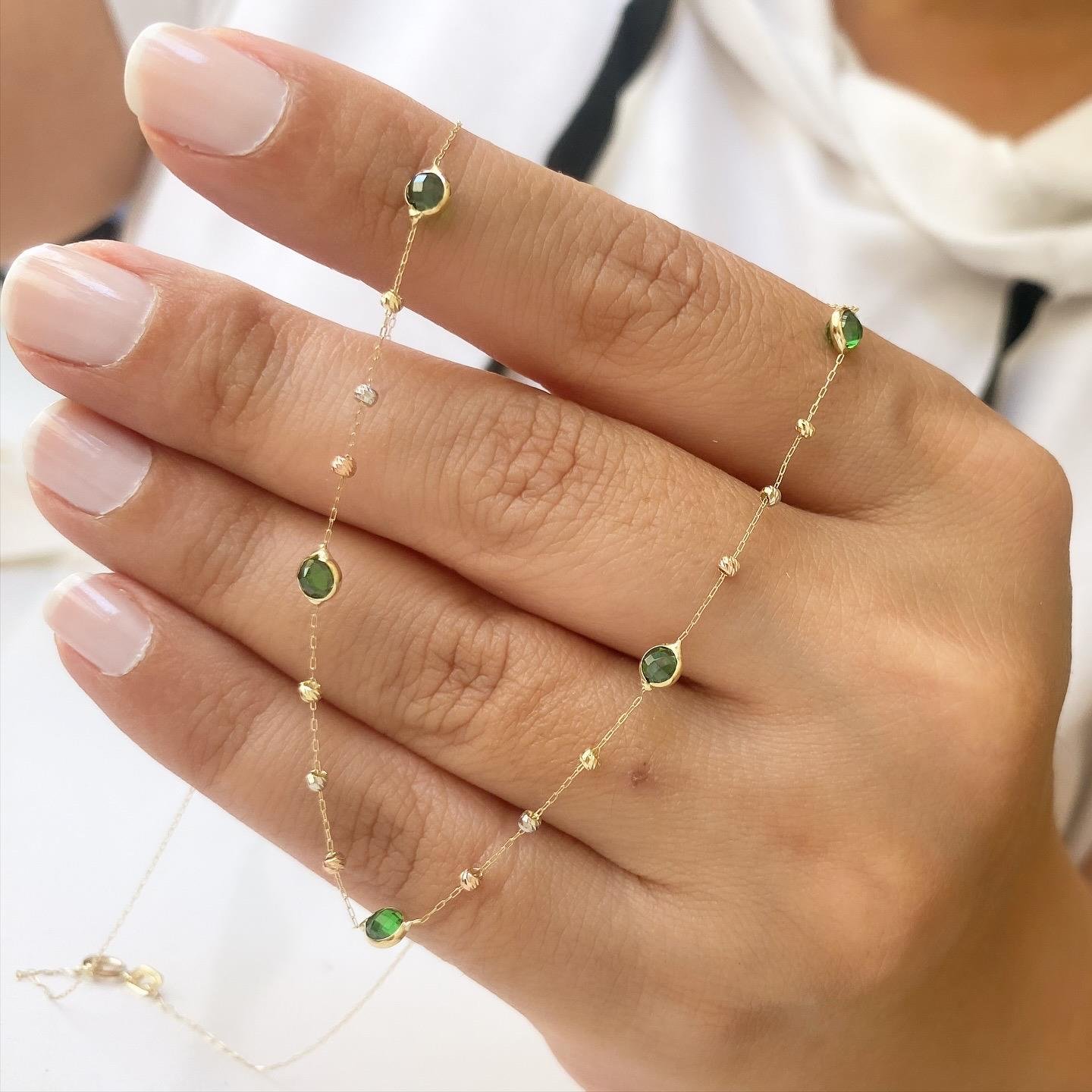 14K Altın Yeşil Taşlı Zincir Kolye