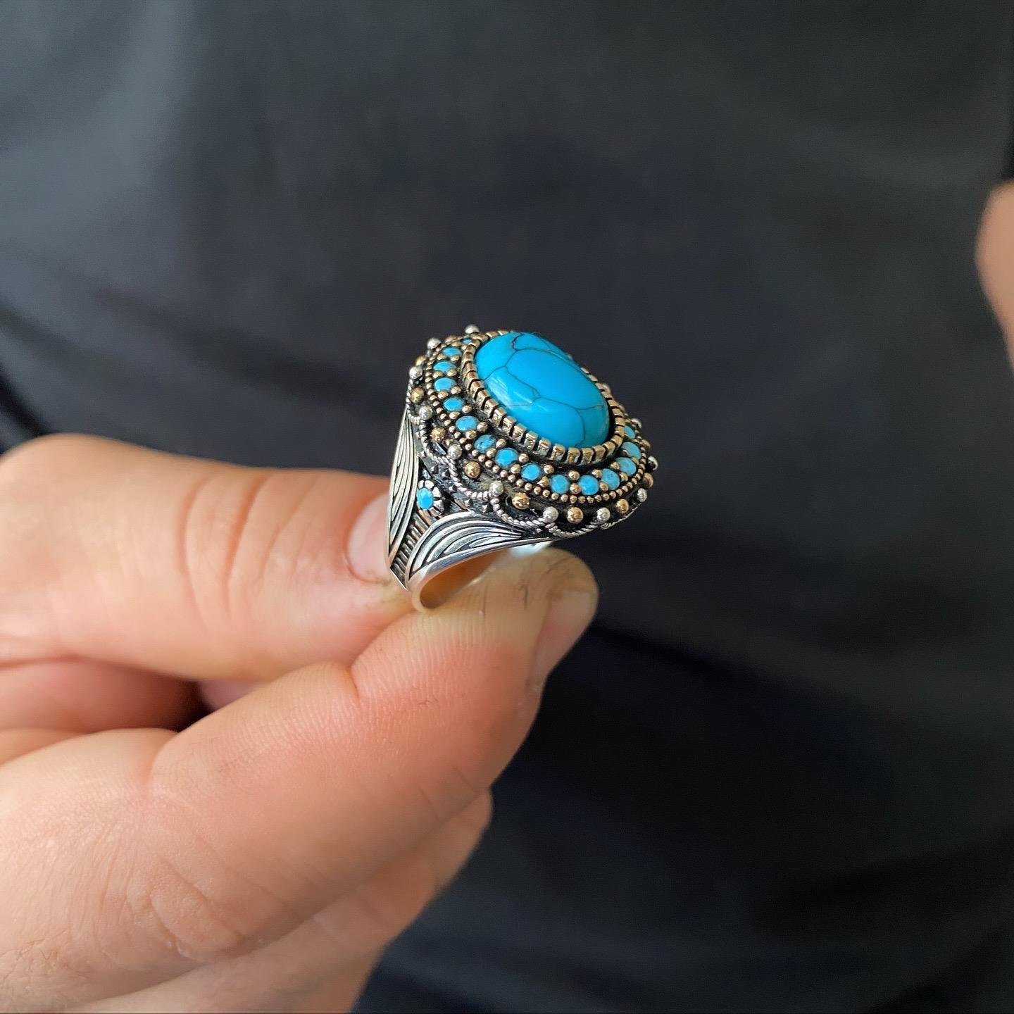 Firuze Taşlı Oval Gümüş Erkek Yüzük