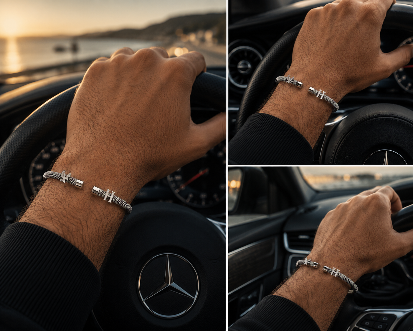 Gümüş Kartal ve Harfli Detaylı Beyaz Çelik Bileklik