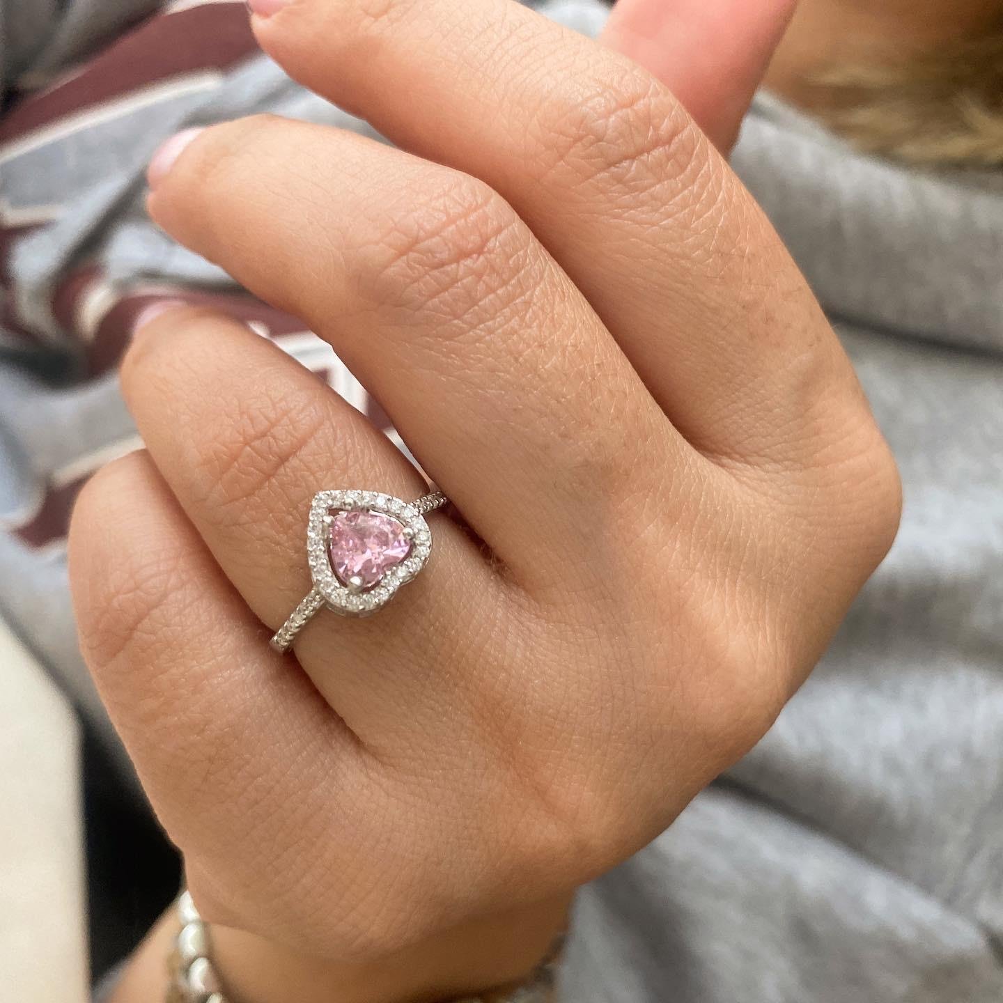 Gümüş Pembe Taşlı Kalp Yüzük