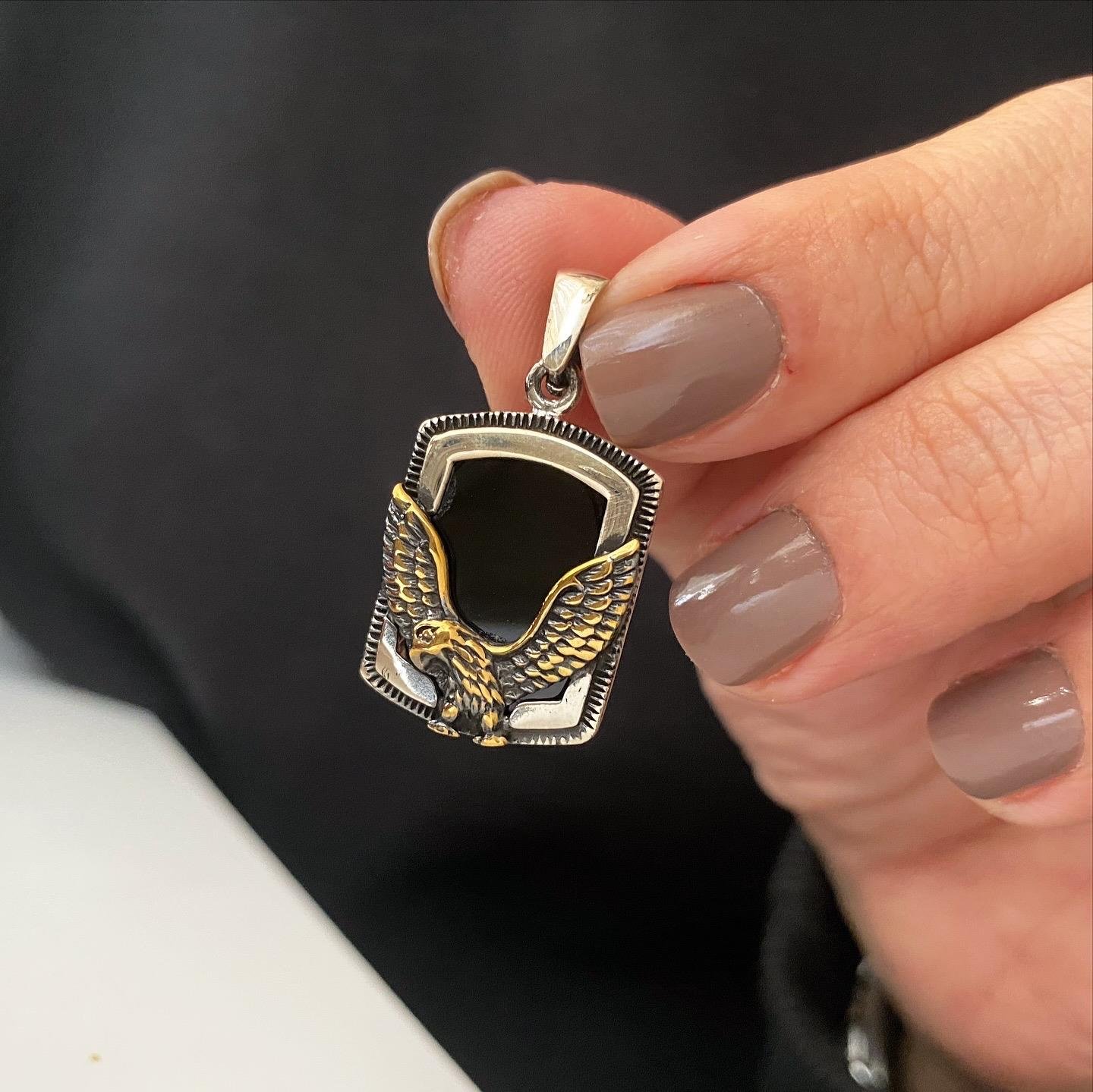 Kartal Sembollü Oniks Taşlı Gümüş Erkek Kolye Ucu