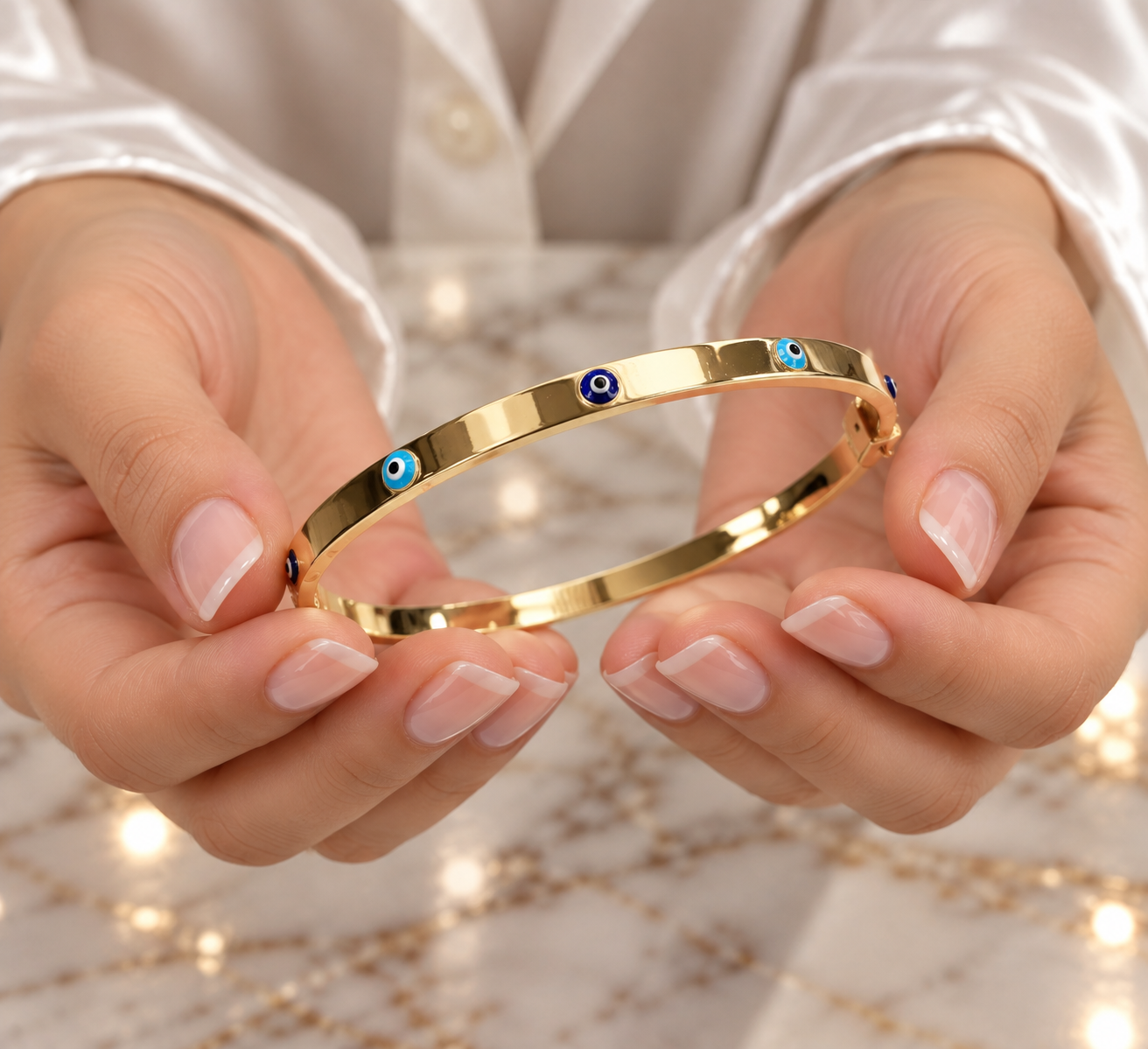 Nazar Mineli İnce Gümüş Bilezik