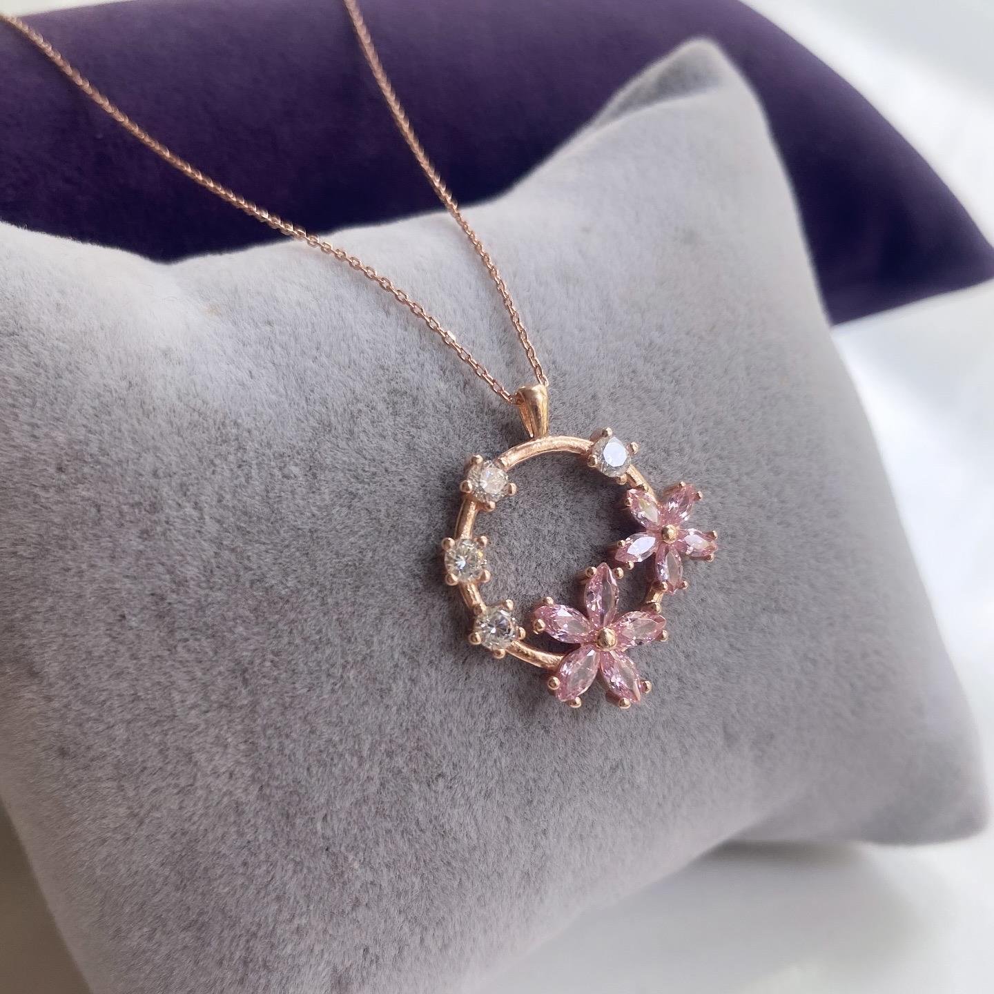 Pembe Taşlı Rose Altın Kaplamalı Gümüş Yuvarlak Kolye