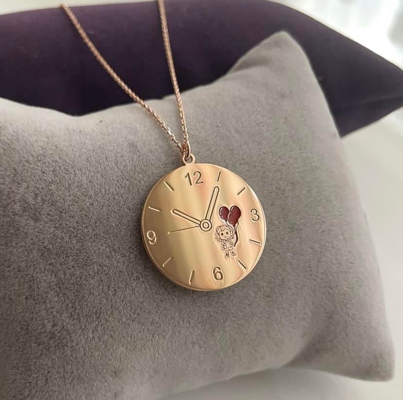 Rose Renk Gümüş Saat Detaylı Gümüş Kolye
