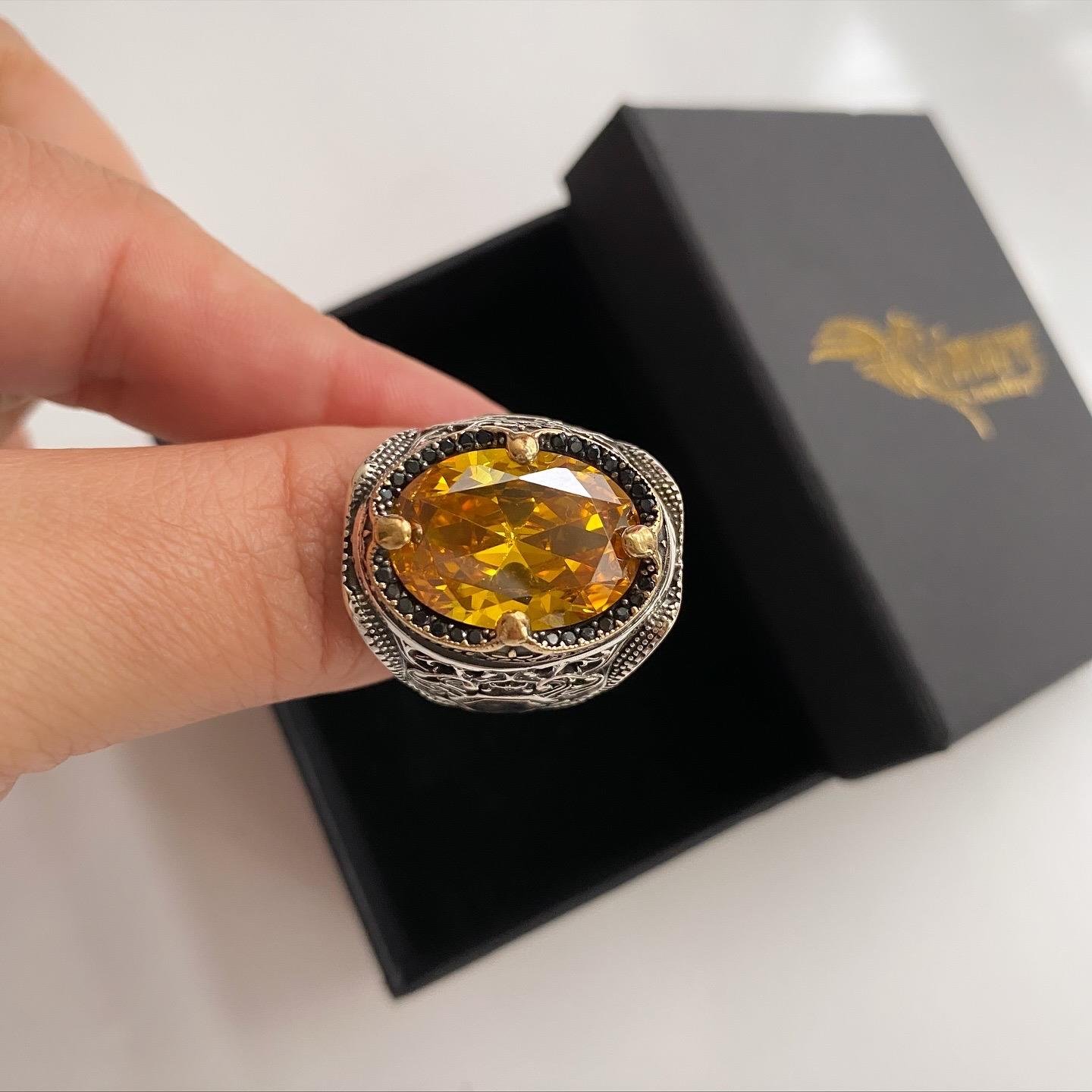 Sitrin Taşlı Oval Gümüş Erkek Yüzük