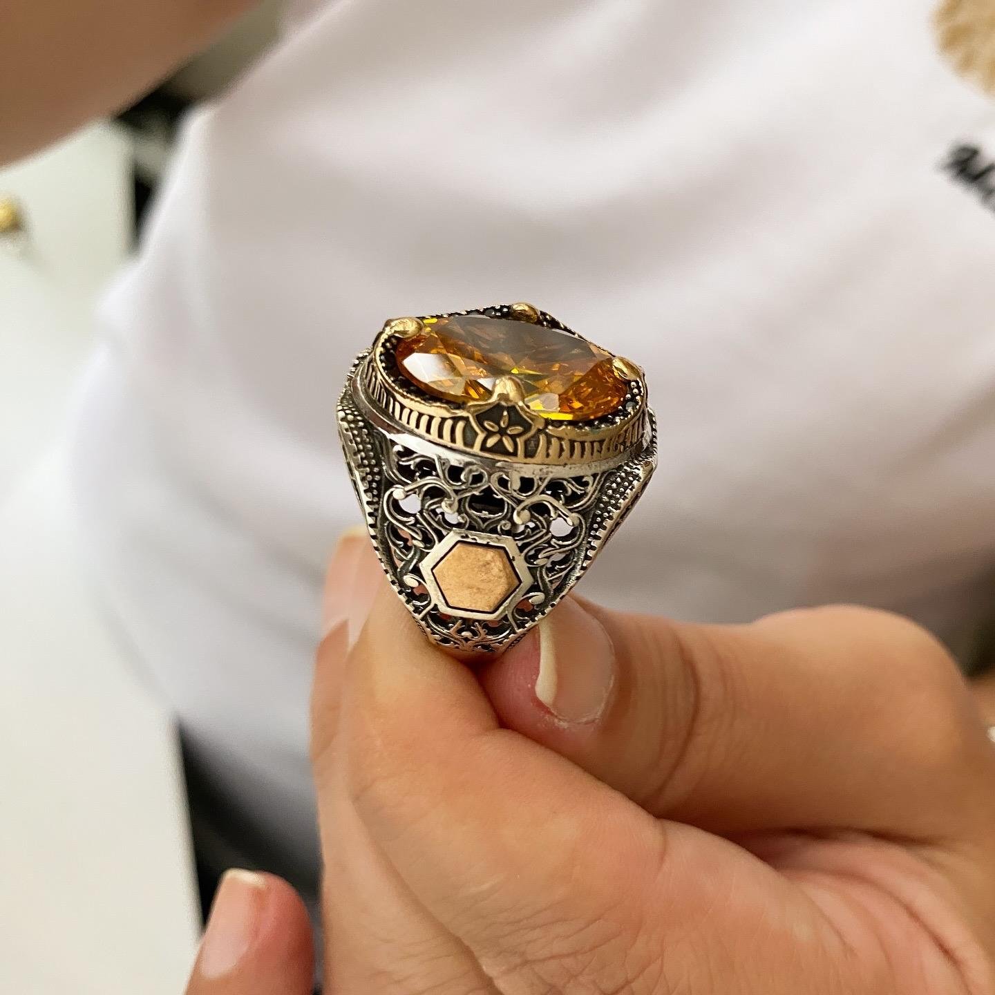 Sitrin Taşlı Oval Gümüş Erkek Yüzük