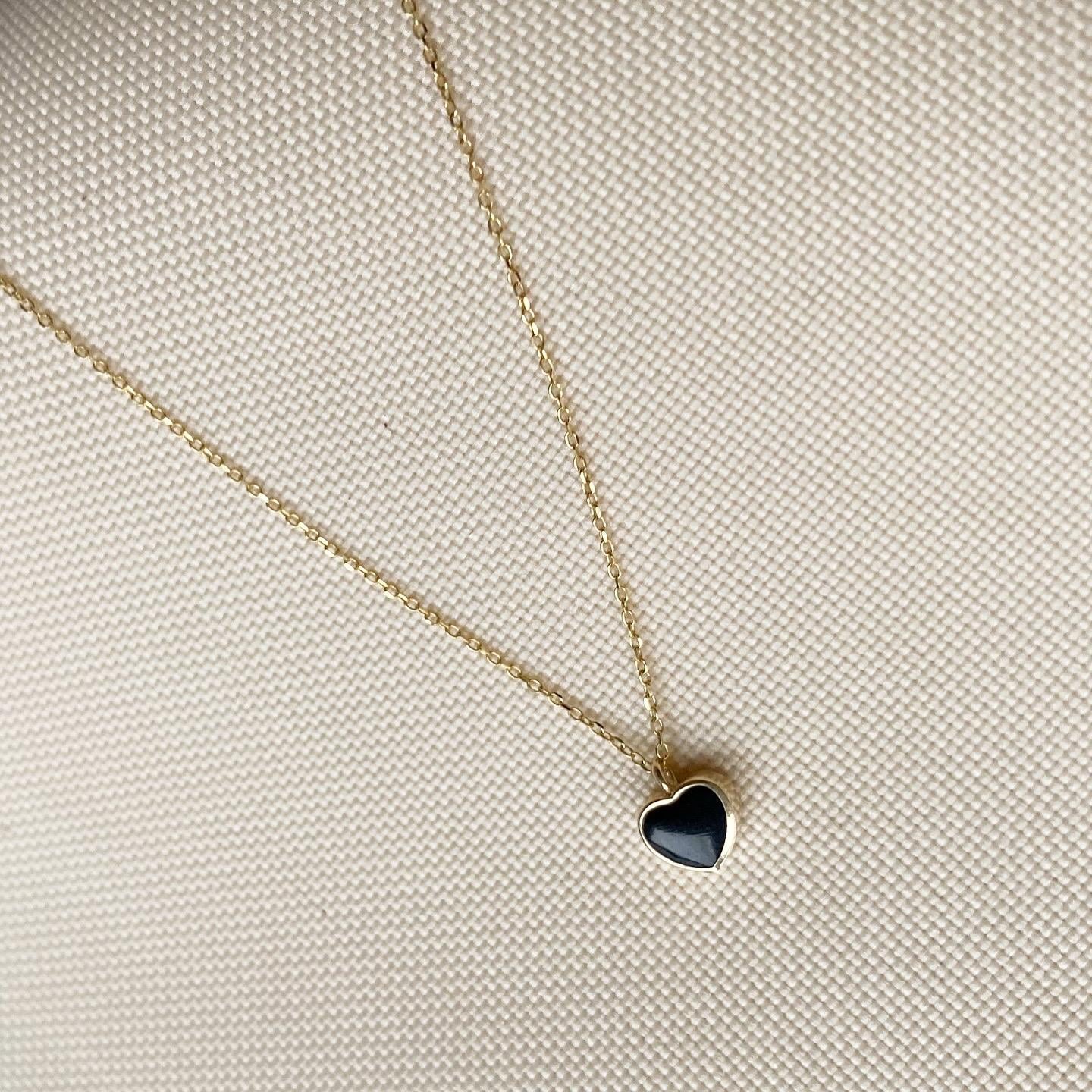Siyah Mineli Minimal 14k Altın Kalp Kolye