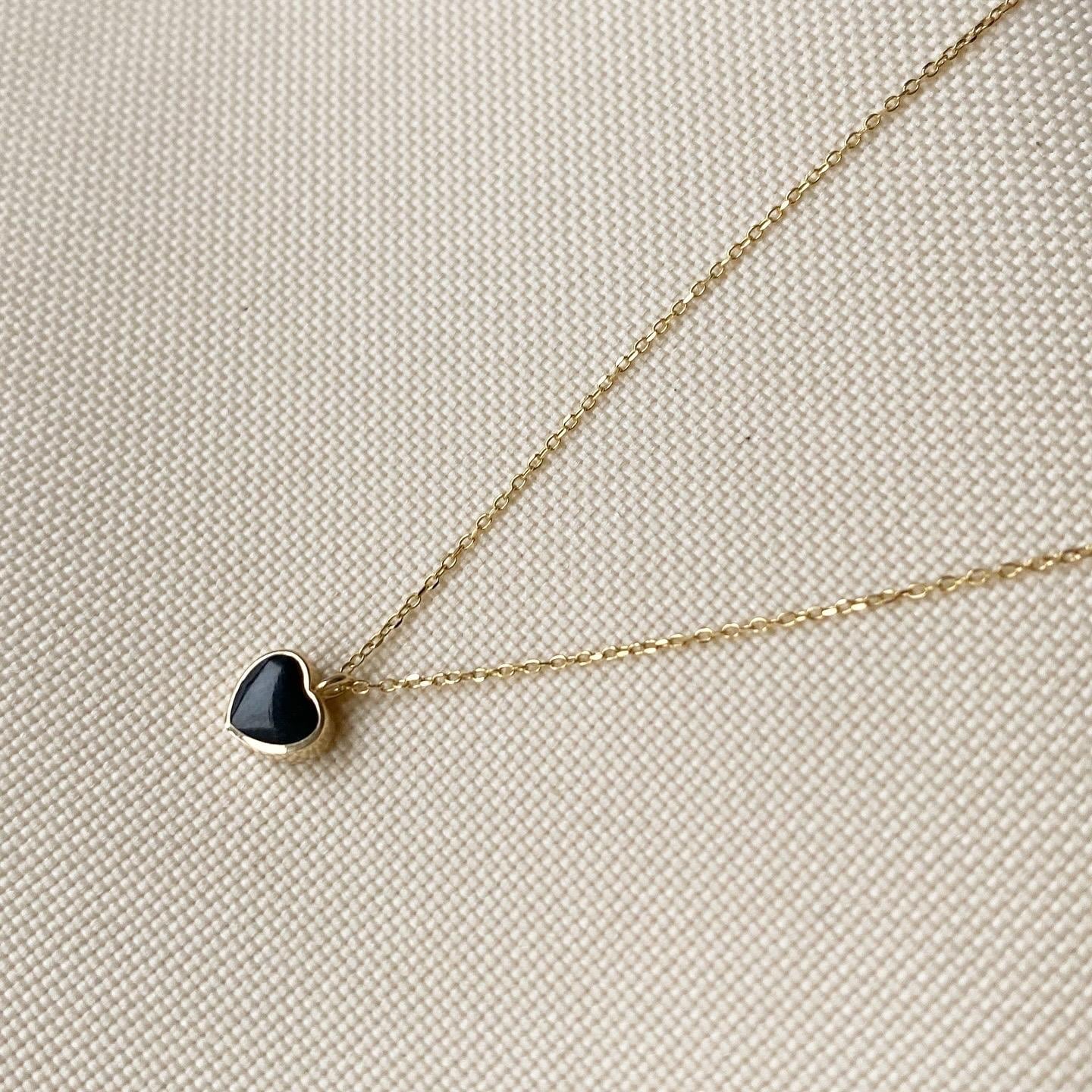 Siyah Mineli Minimal 14k Altın Kalp Kolye