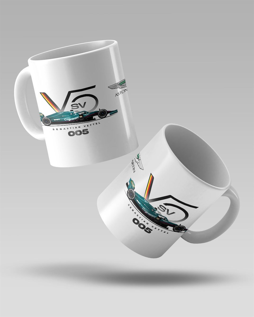 Sebastian Vettel Aston Martin F1 Team Logo RFL Baskılı Beyaz Kupa Bardak