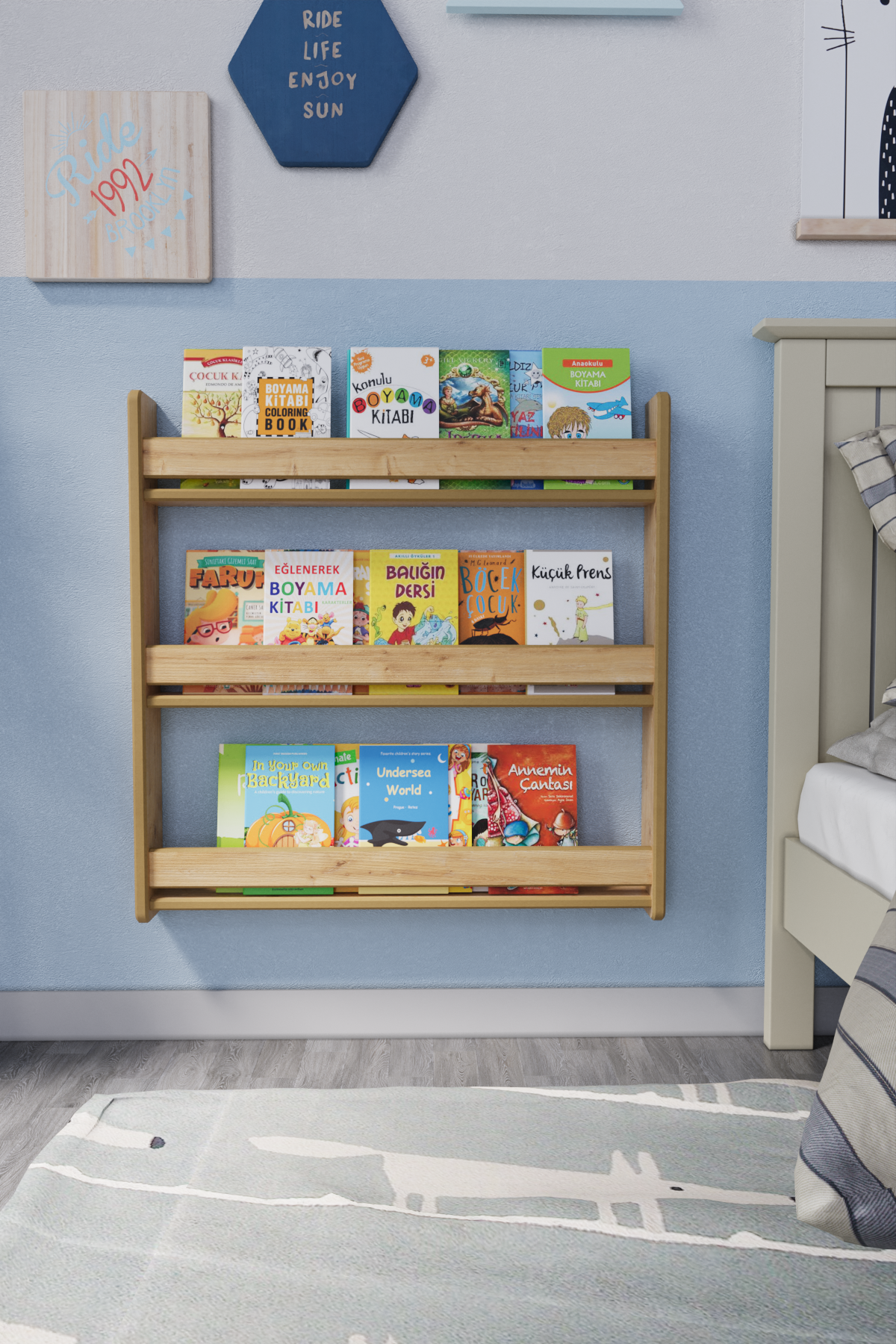 Montessori 3 Raflı Çocuk Kitaplığı, 80*80 Cm - Safir Meşe