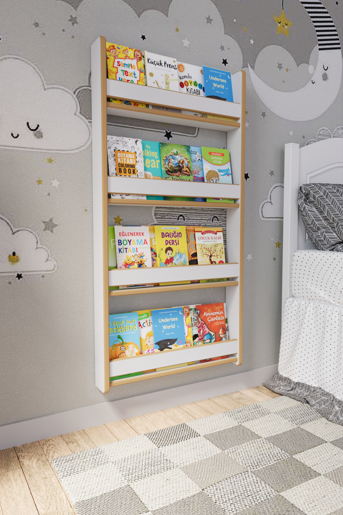 Montessori 4 Raflı Çocuk Kitaplığı 120*60 Cm Beyaz