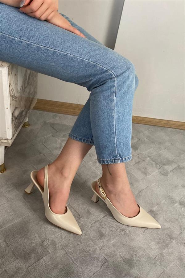 Kadın Motto Kıren Cilt Sivri Burun Arkası Acık 8 Cm Topuklu Ayakkabı