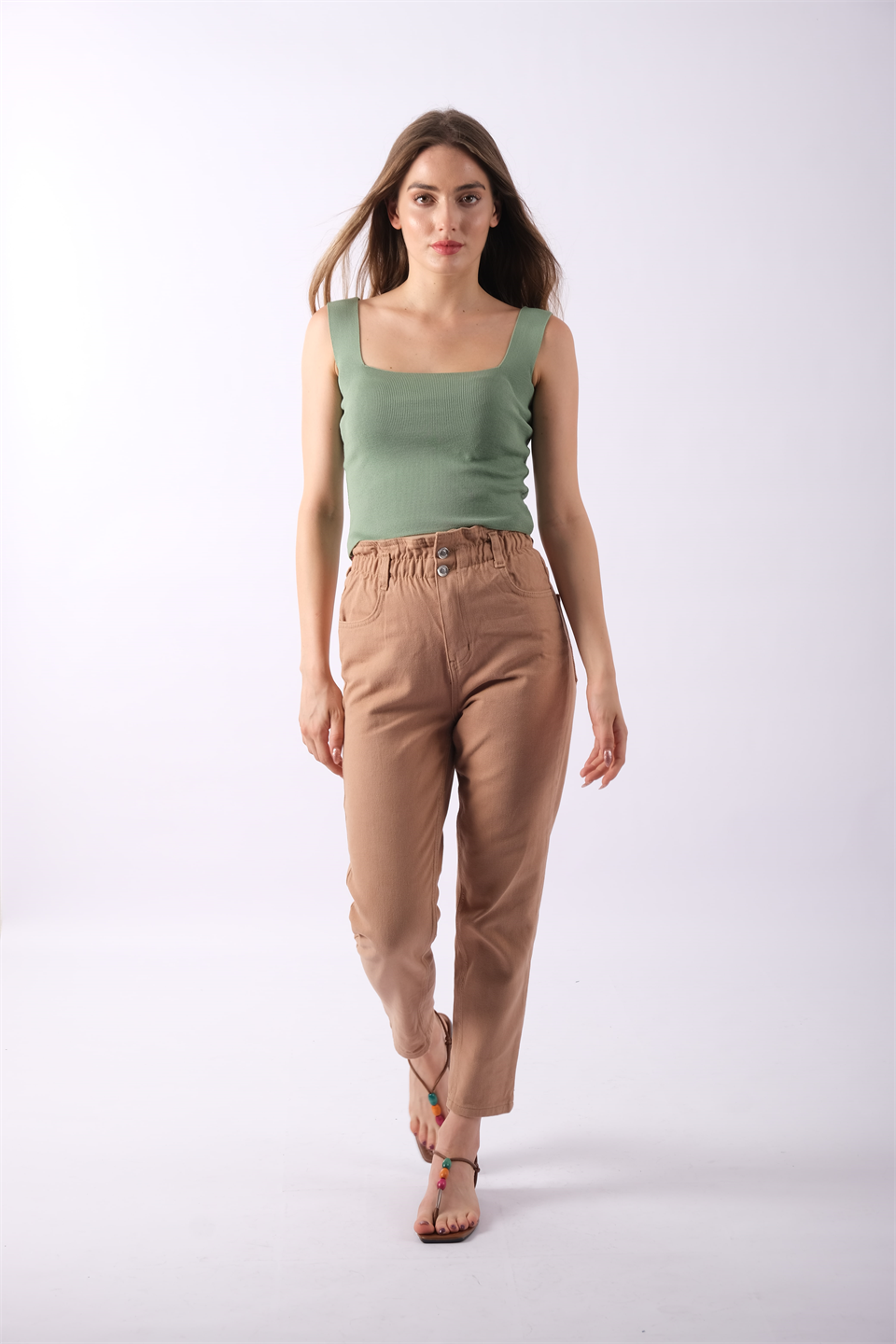 Yüksek Bel Lastikli Kahve Mom Jeans