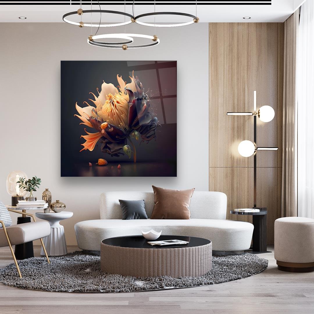 Çiçek İllustrator Kare Cam Tablo-Glass Art Concept