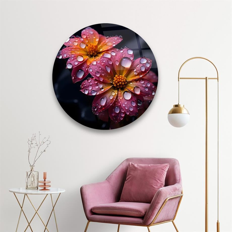 Çiçek ve Damlalar Yuvarlak Cam Tablo-Glass Art Concept