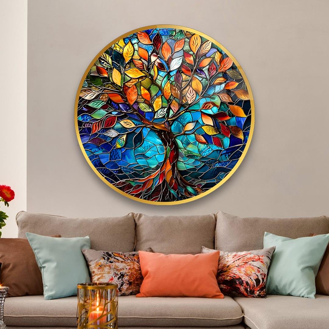 Hayat Ağacı 7 Yuvarlak Cam Tablo-Glass Art Concept