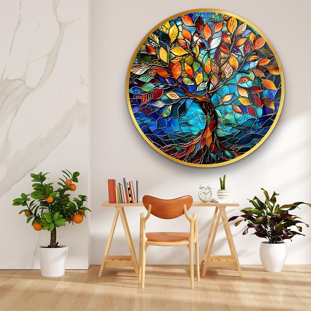 Hayat Ağacı 7 Yuvarlak Cam Tablo-Glass Art Concept