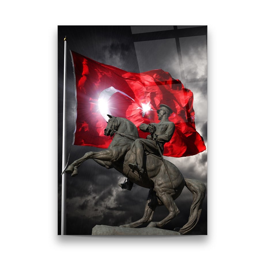 Türk Bayrağı ve Atatürk Dikey Cam Tablo-Glass Art Concept