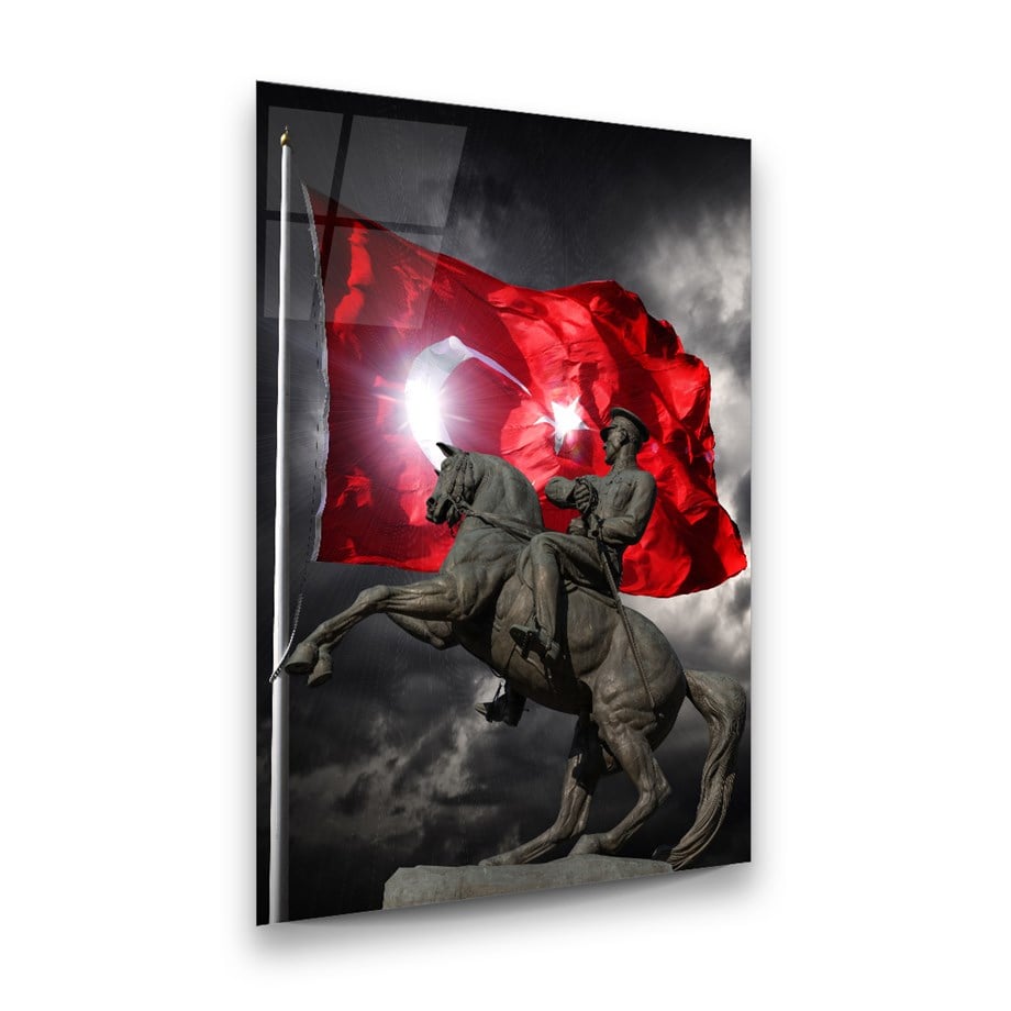 Türk Bayrağı ve Atatürk Dikey Cam Tablo-Glass Art Concept