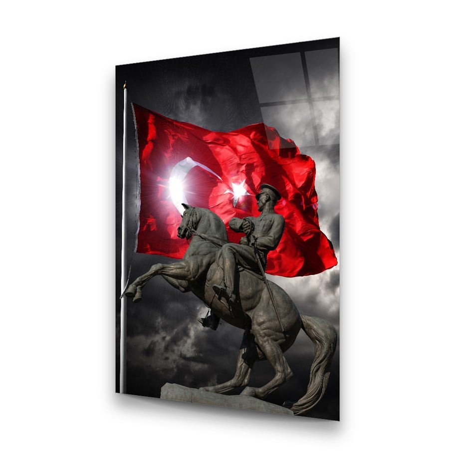 Türk Bayrağı ve Atatürk Dikey Cam Tablo-Glass Art Concept
