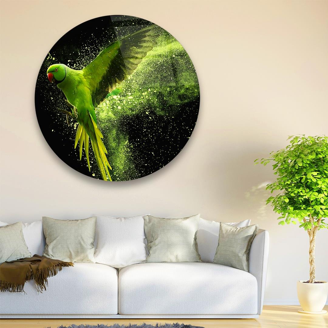 Yeşil Papağan Yuvarlak Cam Tablo-Glass Art Concept