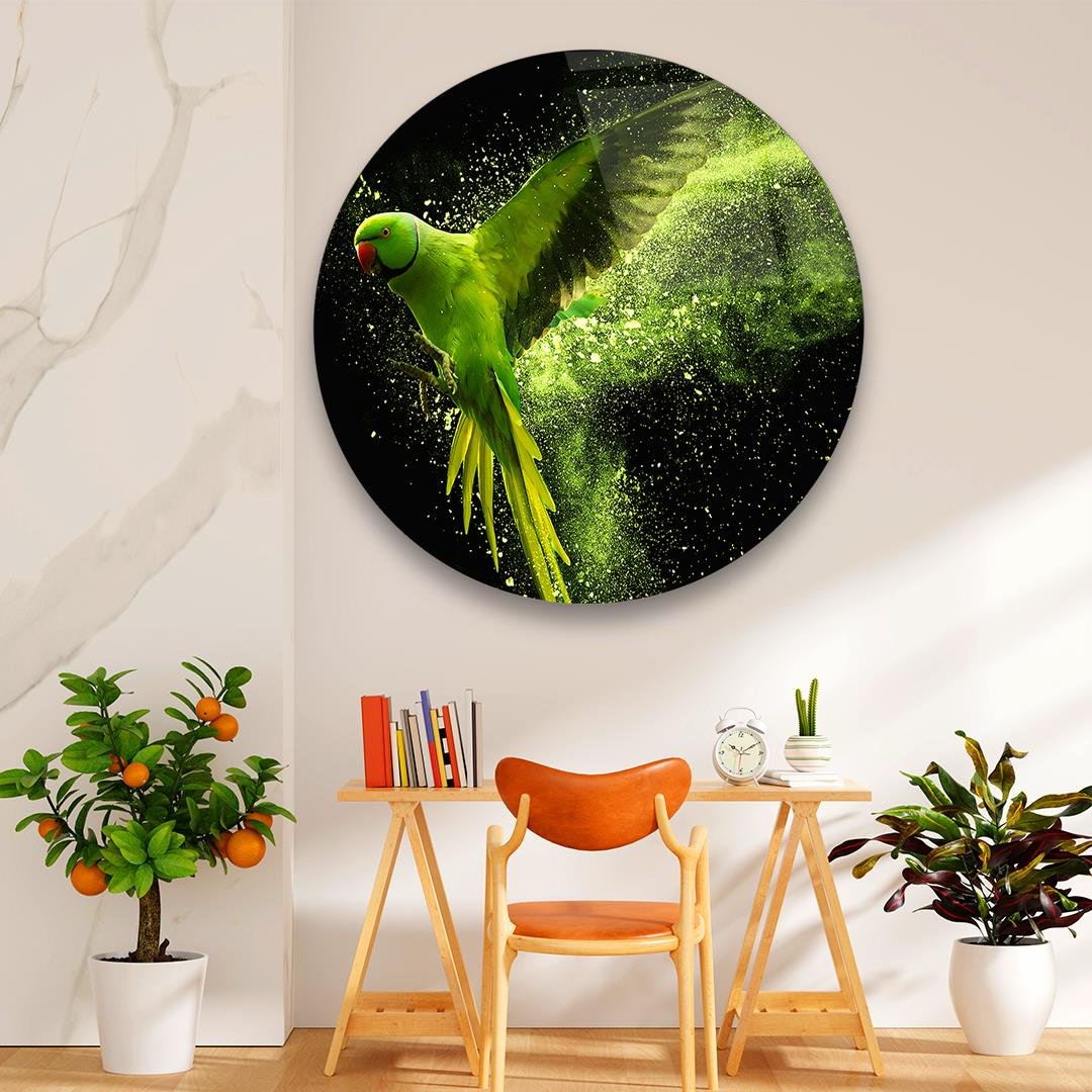Yeşil Papağan Yuvarlak Cam Tablo-Glass Art Concept